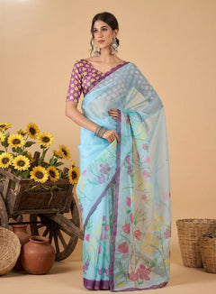 OWLSKY, SASSY & STYLO Women's Premium Soft Organza Floral Printed Saree with Scallop Border | Lightweight Organza Saree with Unstitched Blouse Piece