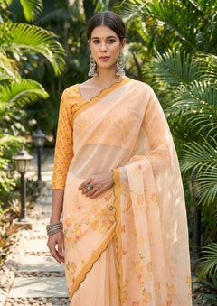 OWLSKY, SASSY & STYLO Women's Premium Soft Organza Floral Printed Saree with Scallop Border | Lightweight Organza Saree with Unstitched Blouse Piece