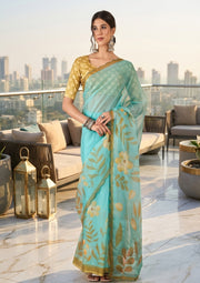 OWLSKY, SASSY & STYLO Women's Premium Soft Organza Floral Printed Saree with Scallop Border | Lightweight Organza Saree with Unstitched Blouse Piece
