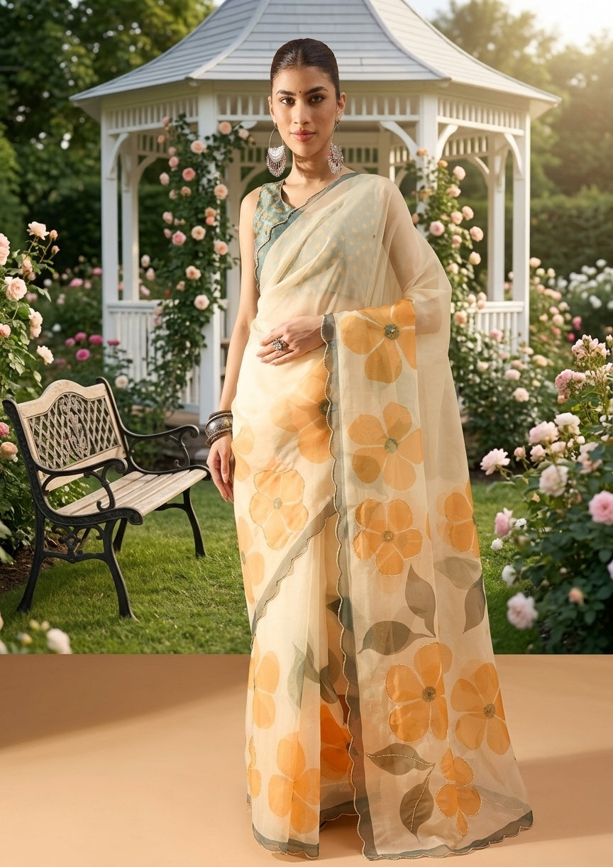 OWLSKY, SASSY & STYLO Women's Premium Soft Organza Floral Printed Saree with Scallop Border | Lightweight Organza Saree with Unstitched Blouse Piece