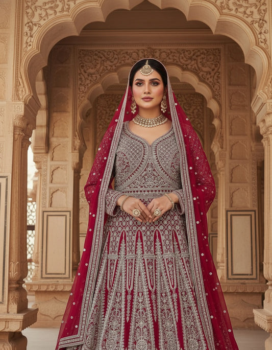 Women’s Georgette Embroidered Siroski Long Gown with Dupatta | Designer Wedding & Bridal Party Wear Ethnic Gown