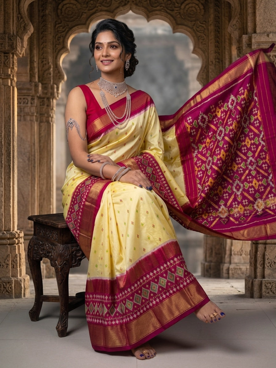 OWLSKY, SASSY & STYLO Women's Ikkat Pochampally Style Soft Dola Bentex Silk Saree with Rich Bentex Woven Border & Digital Print | Traditional Ethnic Saree with Running Blouse Piece
