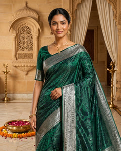 OWLSKY, SASSY & STYLO Women's Handloom Pure Banarasi Silk Saree with Jacquard Woven Floral/Paisley Butti with Rich Contrast Zari Border & Grand Rich Designer Woven Pallu