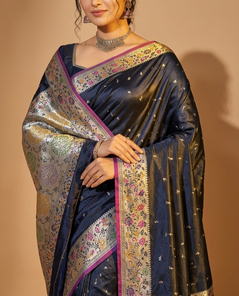 OWLSKY, SASSY & STYLO Women's Handloom Pure Banarasi Silk Saree with Jacquard Woven Floral/Paisley Butti with Rich Contrast Zari Border & Grand Rich Designer Woven Pallu