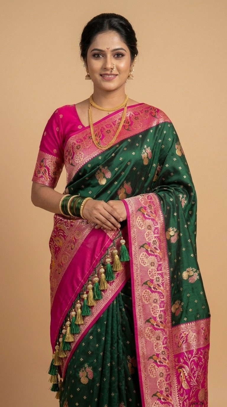 Premium Soft Paithani Silk Saree for Women with Meenakari Zari Weaving, Peacock Pallu, Rich Floral Border & Brocade Blouse