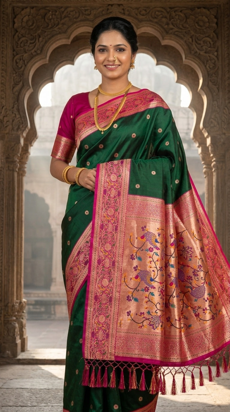 Premium Soft Paithani Silk Saree for Women with Meenakari Zari Weaving, Rich Peacock Pallu, Floral Border & Silk Brocade Blouse