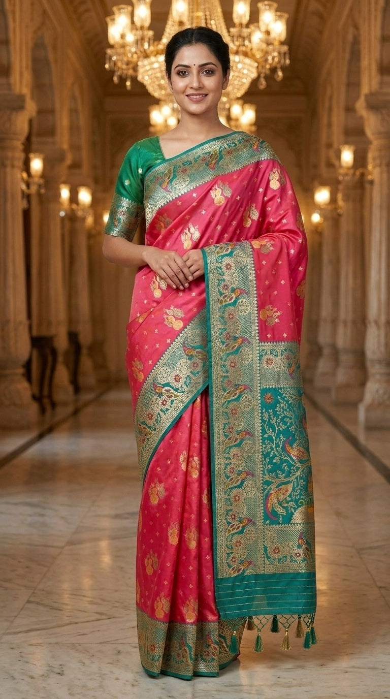 Premium Soft Paithani Silk Saree for Women with Meenakari Zari Weaving, Peacock Pallu, Rich Floral Border & Brocade Blouse