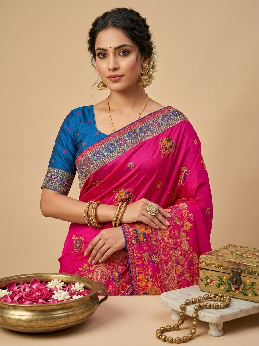 OWLSKY, SASSY & STYLO Women's Pure Rajwadi Pashmina Silk Woven Saree with Kashmiri Thread Woven Pallu | Heavy Zari Elephant Border, Running Butti, Handmade Tassels | Contrast Unstitched Blouse