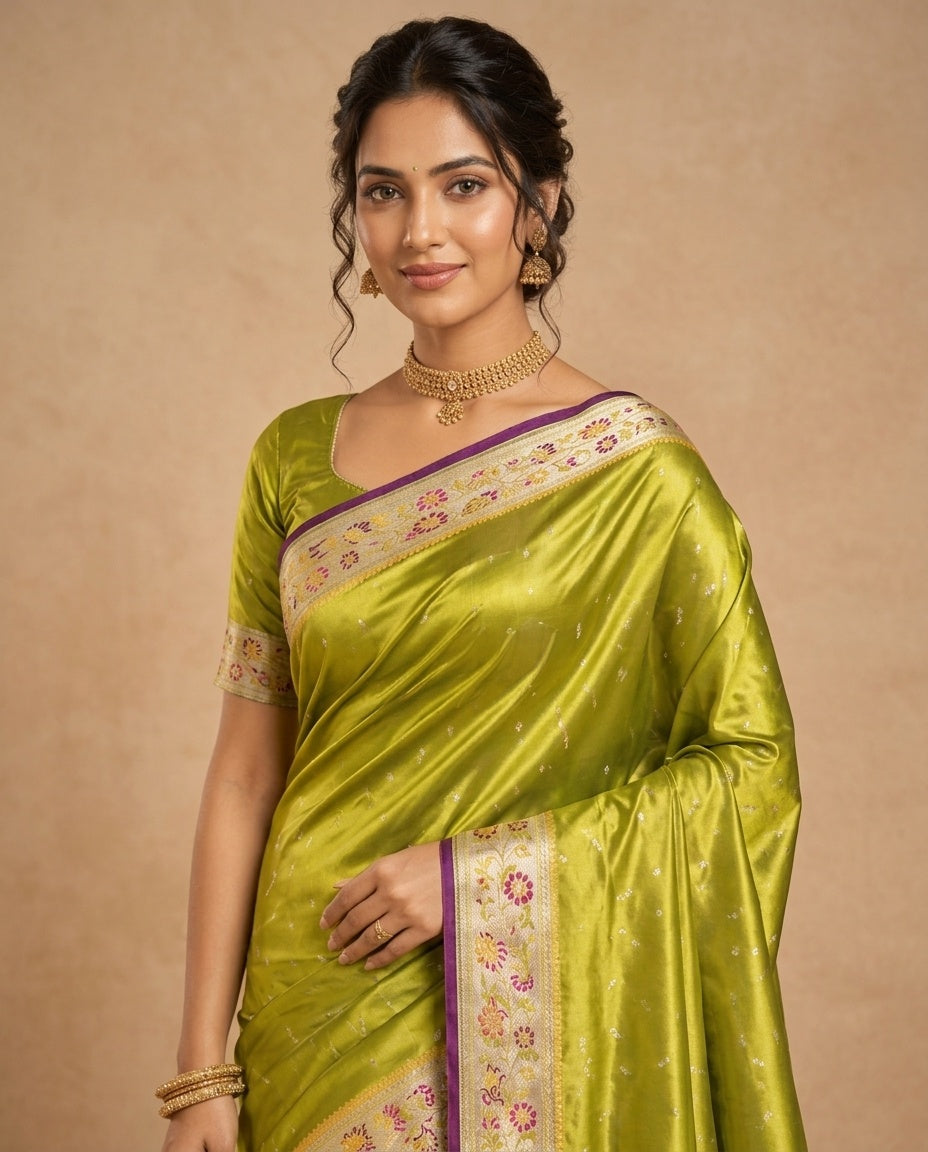 OWLSKY, SASSY & STYLO Women's Handloom Pure Banarasi Silk Saree with Jacquard Woven Floral/Paisley Butti with Rich Contrast Zari Border & Grand Rich Designer Woven Pallu