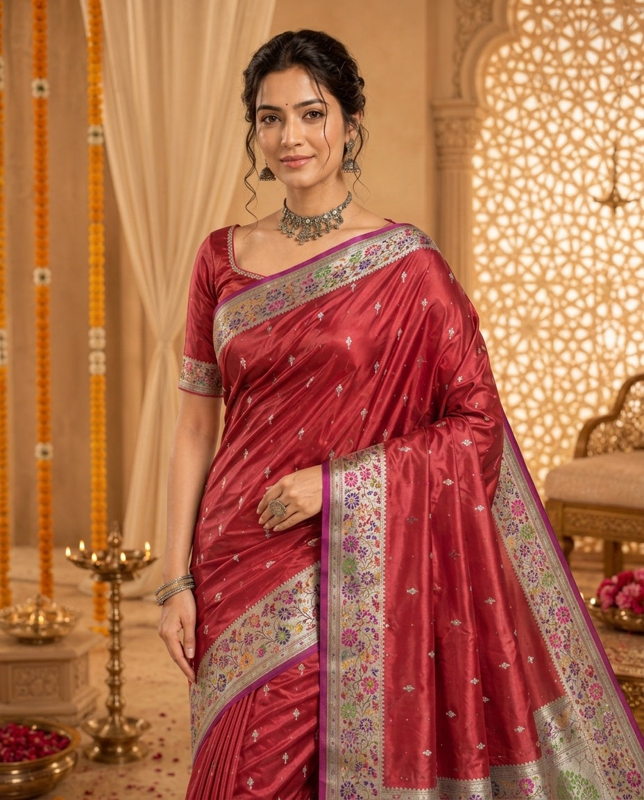 OWLSKY, SASSY & STYLO Women's Handloom Pure Banarasi Silk Saree with Jacquard Woven Floral/Paisley Butti with Rich Contrast Zari Border & Grand Rich Designer Woven Pallu