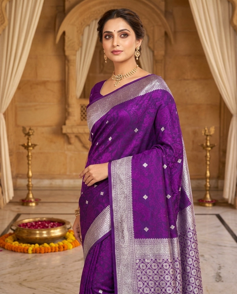 OWLSKY, SASSY & STYLO Women's Handloom Pure Banarasi Silk Saree with Jacquard Woven Floral/Paisley Butti with Rich Contrast Zari Border & Grand Rich Designer Woven Pallu