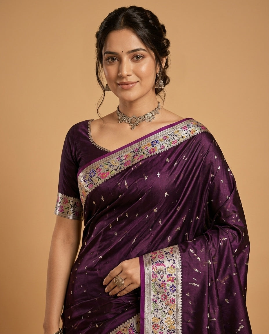 OWLSKY, SASSY & STYLO Women's Handloom Pure Banarasi Silk Saree with Jacquard Woven Floral/Paisley Butti with Rich Contrast Zari Border & Grand Rich Designer Woven Pallu