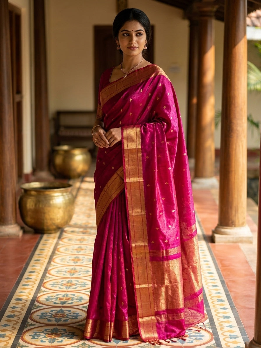 OWLSKY, SASSY & STYLO Women's Handloom Maheshwari Silk Saree with Traditional Zari Border | Premium Woven Silk Saree with Rich Pallu & Running Blouse | Designer Ethnic Saree for Wedding, Festival