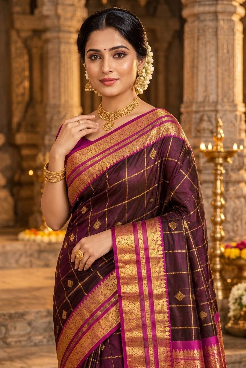 Owlsky Pure Handloom Kajiveram Traditional Silk Saree