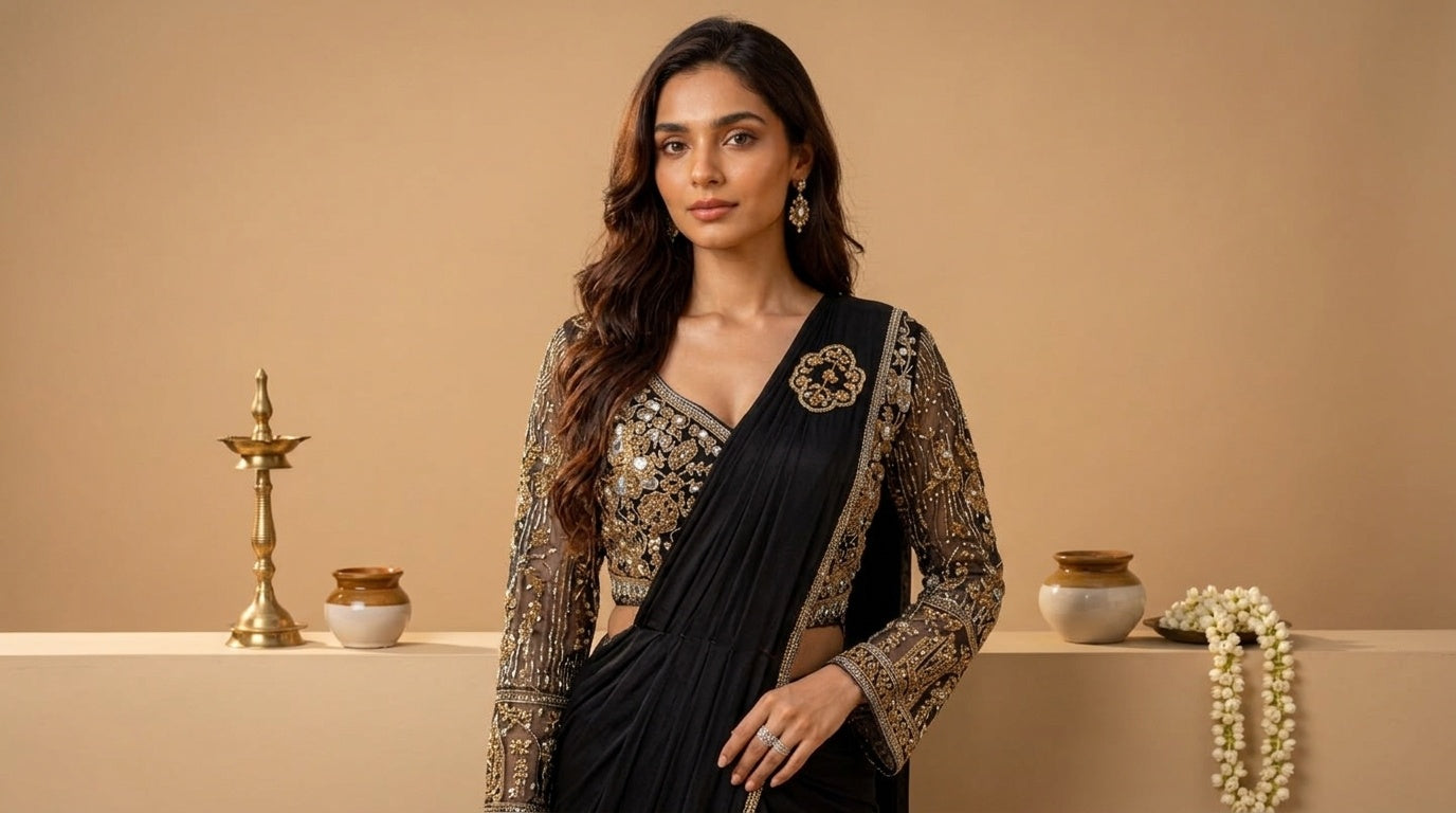OWLSKY, SASSY & STYLO Women's Ready to Wear Imported Lycra Saree with Heavy Beads Work Designer Stitched Blouse | Pre Draped Saree | Stretch Lycra Saree