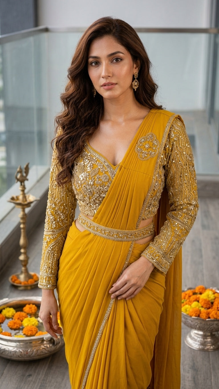 OWLSKY, SASSY & STYLO Women's Ready to Wear Imported Lycra Saree with Heavy Beads Work Designer Stitched Blouse | Pre Draped Saree | Stretch Lycra Saree
