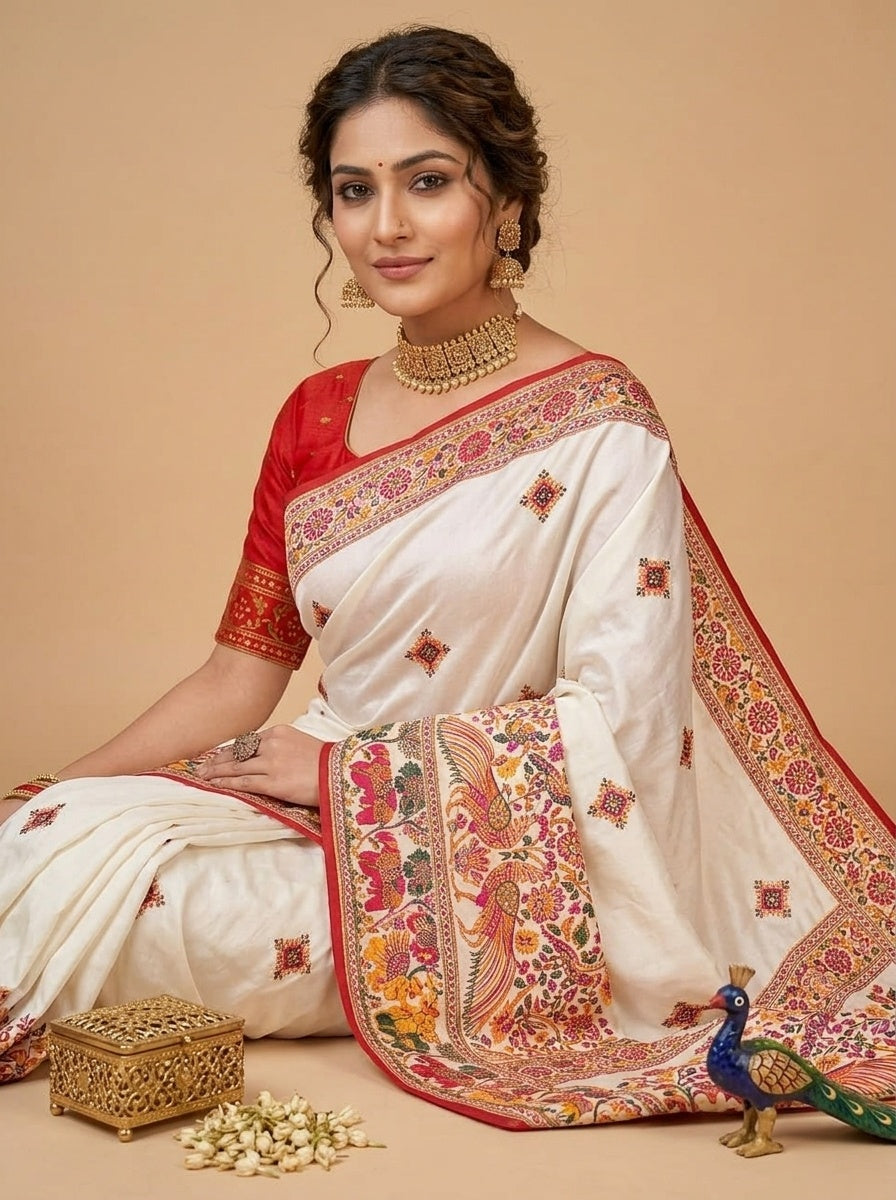 OWLSKY, SASSY & STYLO Women's Pure Rajwadi Pashmina Silk Woven Saree with Kashmiri Thread Woven Pallu | Heavy Zari Elephant Border, Running Butti, Handmade Tassels | Contrast Unstitched Blouse