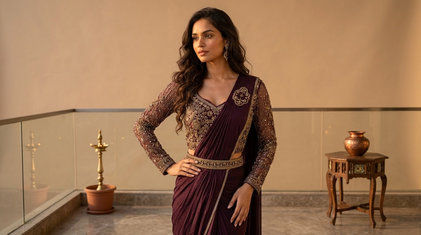 OWLSKY, SASSY & STYLO Women's Ready to Wear Imported Lycra Saree with Heavy Beads Work Designer Stitched Blouse | Pre Draped Saree | Stretch Lycra Saree
