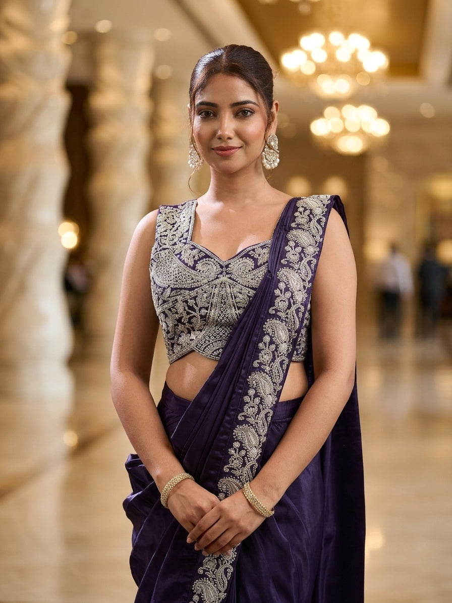 Dark Purple with Silver Embroidery