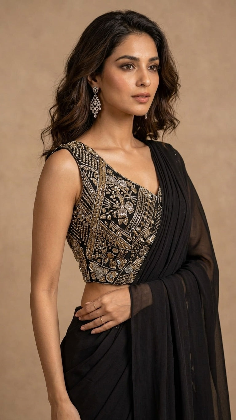 OWLSKY, SASSY & STYLO Women's Ready to Wear Imported Lycra Saree with Heavy Beads Work Blouse | Designer Pre Stitched Saree with Embellished Blouse