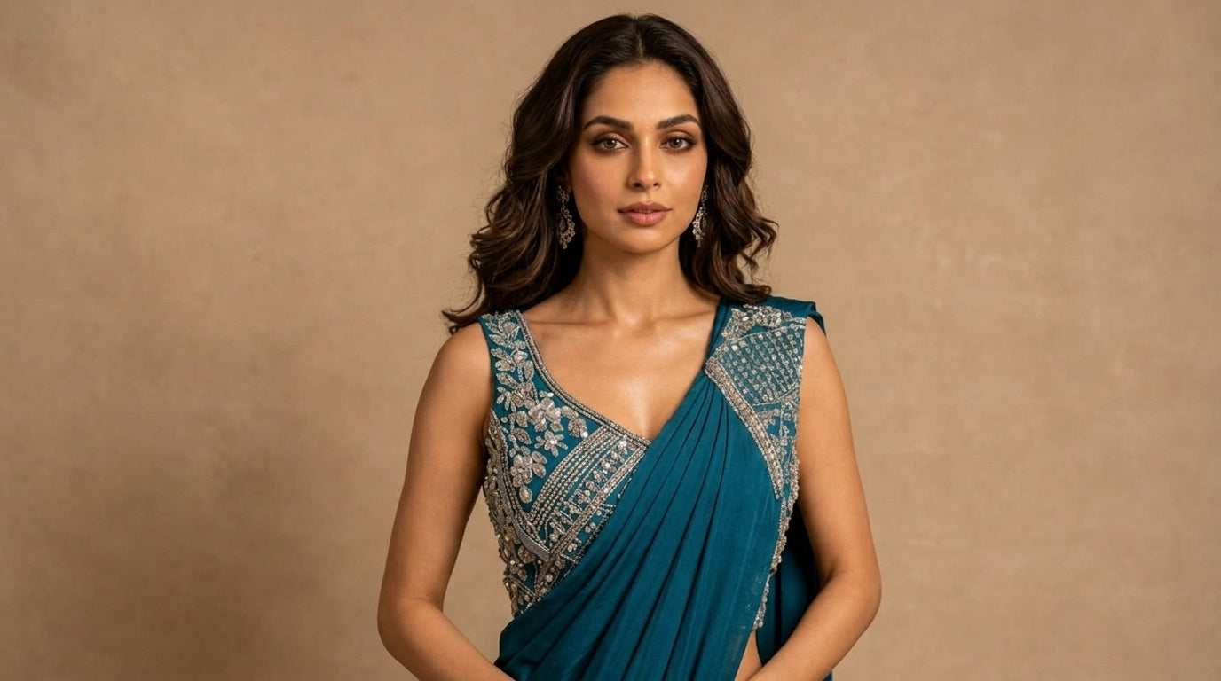 OWLSKY, SASSY & STYLO Women's Ready to Wear Imported Lycra Saree with Heavy Beads Work Blouse | Designer Pre Stitched Saree with Embellished Blouse