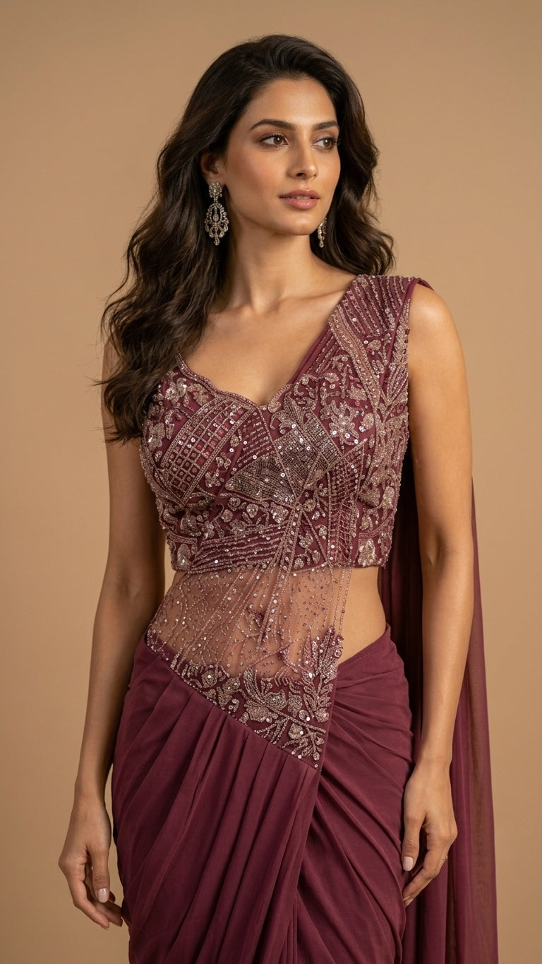 OWLSKY, SASSY & STYLO Women's Ready to Wear Imported Lycra Saree with Heavy Beads Work Blouse | Designer Pre Stitched Saree with Embellished Blouse