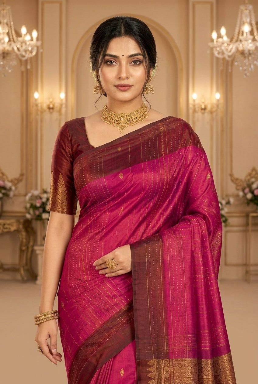 OWLSKY, SASSY & STYLO Pure Silk Kanjivaram Handloom Saree in Dark Rani Pink/Majenta with Antique Gold Zari Border & Rich Contrast Pallu | Traditional Kanchipuram Silk Saree for Women