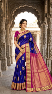 OWLSKY, SASSY & STYLO Royal Blue Pure Silk Kanjivaram Handloom Saree with Gold Zari Buttas & Magenta Contrast Pallu | Traditional Kanchipuram Silk Saree for Women