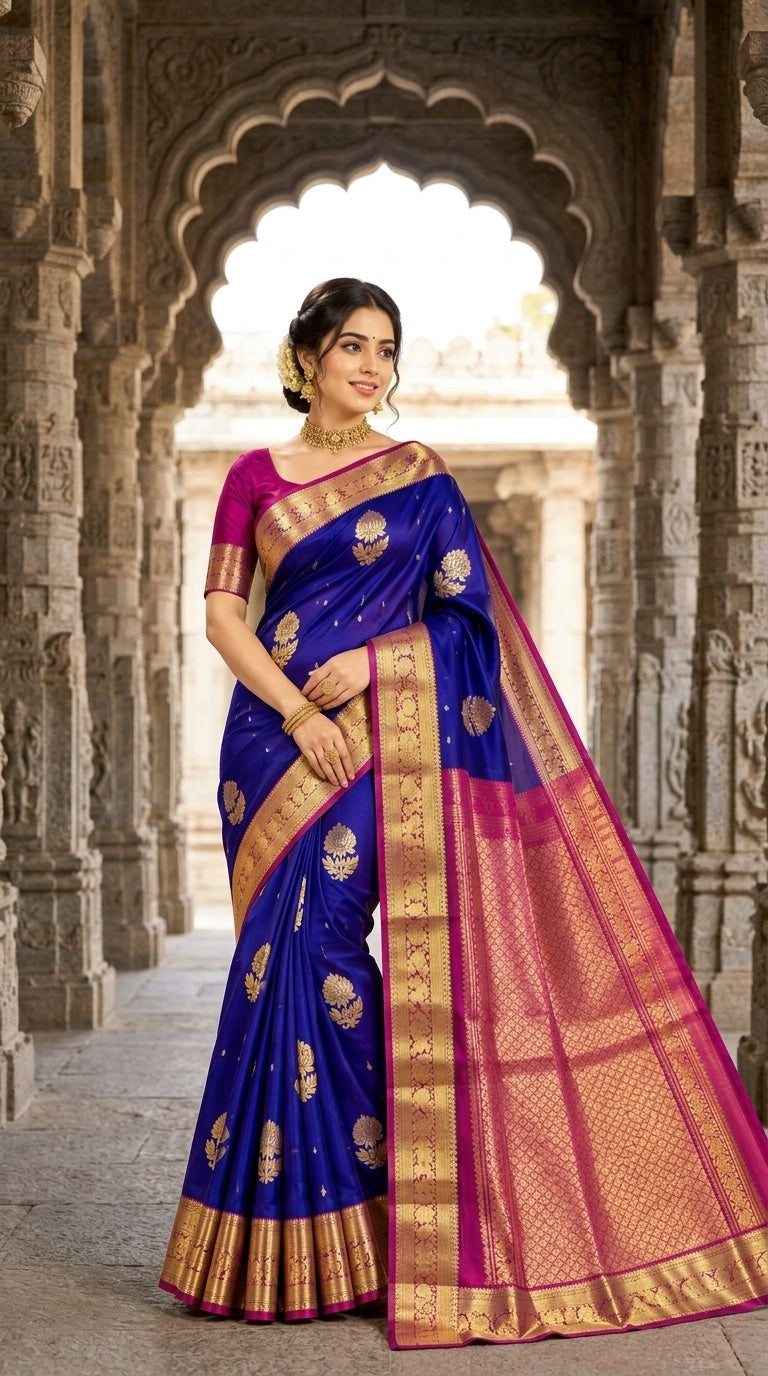 OWLSKY, SASSY & STYLO Royal Blue Pure Silk Kanjivaram Handloom Saree with Gold Zari Buttas & Magenta Contrast Pallu | Traditional Kanchipuram Silk Saree for Women