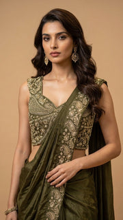 OWLSKY, SASSY & STYLO Women's Ready to Wear Premium Chinnon Saree with Heavy Beads & Embroidery Work Blouse | Pre-Stitched Designer Saree with Embroidered Blouse