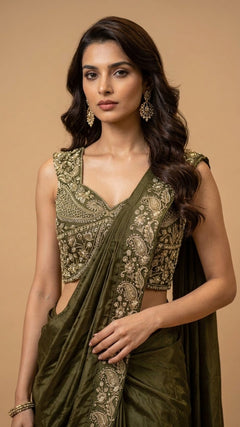OWLSKY, SASSY & STYLO Women's Ready to Wear Premium Chinnon Saree with Heavy Beads & Embroidery Work Blouse | Pre-Stitched Designer Saree with Embroidered Blouse