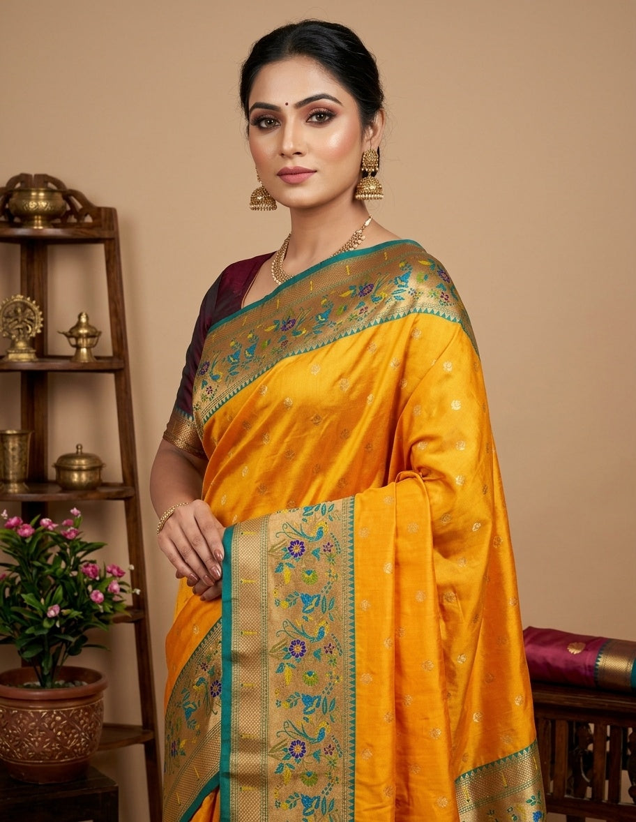 OWLSKY, SASSY & STYLO Women's Paithani Art Silk Saree with Zari Meenakari Weaving | Peacock Motif Pallu Tassels Attched | Traditional Festive Designer Saree with Brocade Blouse Piece
