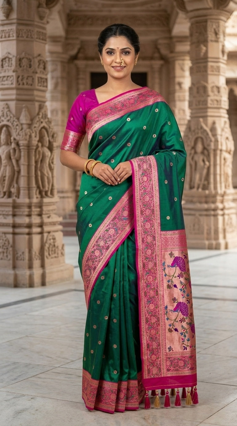 Premium Soft Paithani Silk Saree for Women with Meenakari Zari Weaving, Rich Peacock Pallu, Floral Border & Silk Brocade Blouse