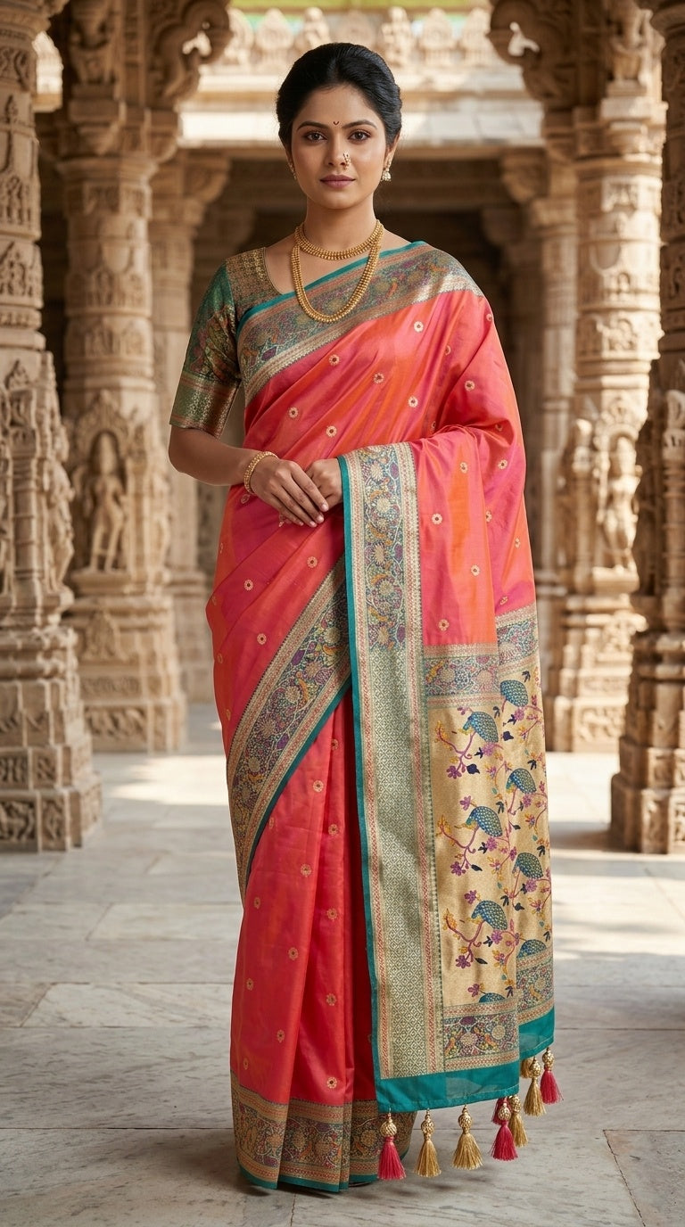 Premium Soft Paithani Silk Saree for Women with Meenakari Zari Weaving, Rich Peacock Pallu, Floral Border & Silk Brocade Blouse