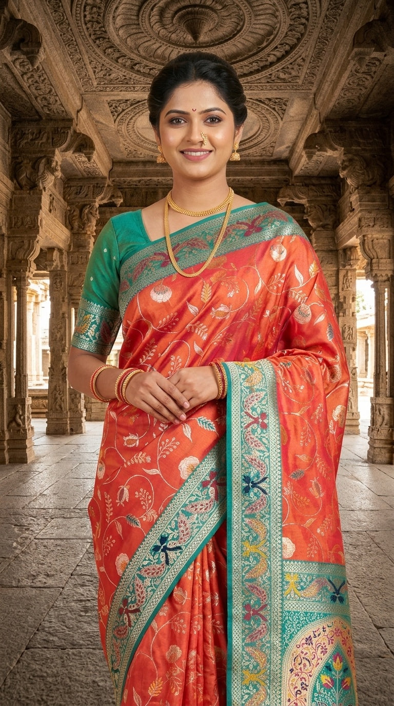 PREMIUM Soft Paithani Silk Saree for Women with Meenakari Zari Weaving, Rich Peacock Pallu, Floral Border & Tassels with Brocade Blouse