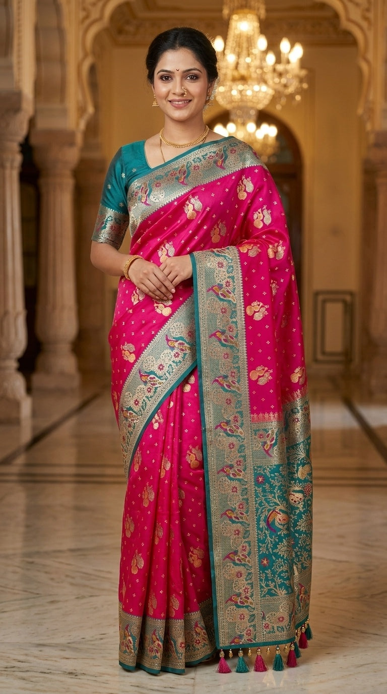 Premium Soft Paithani Silk Saree for Women with Meenakari Zari Weaving, Peacock Pallu, Rich Floral Border & Brocade Blouse
