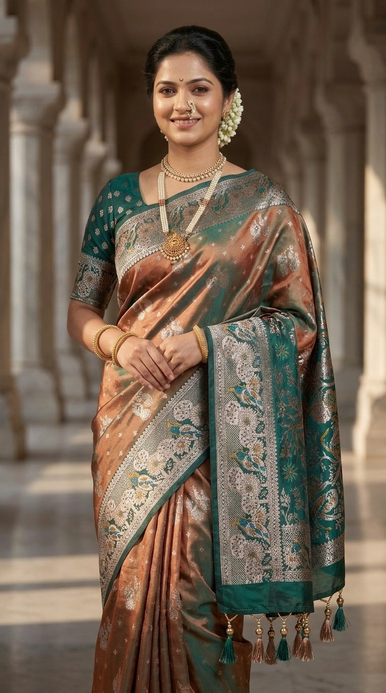 Premium Soft Paithani Silk Saree for Women with Meenakari Zari Weaving, Peacock Pallu, Rich Floral Border & Brocade Blouse