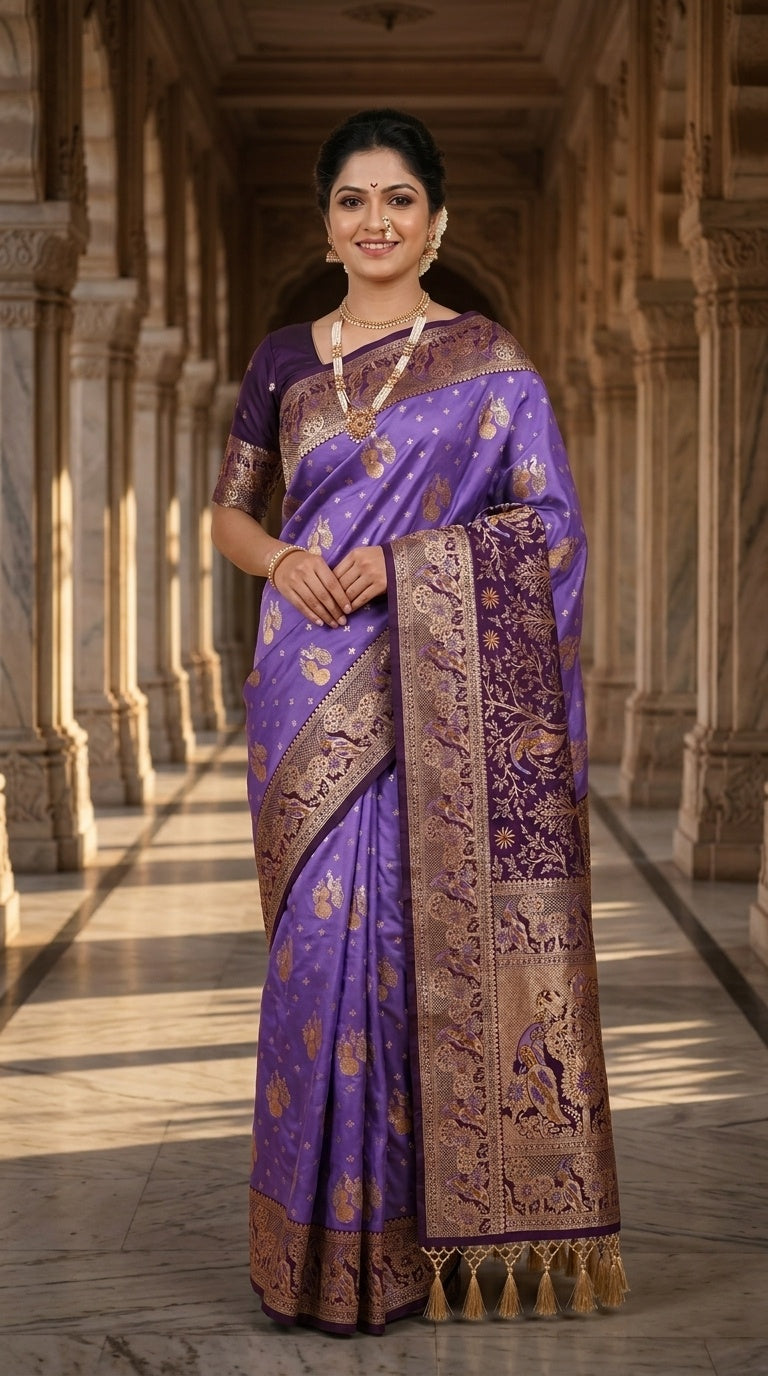 Premium Soft Paithani Silk Saree for Women with Meenakari Zari Weaving, Peacock Pallu, Rich Floral Border & Brocade Blouse