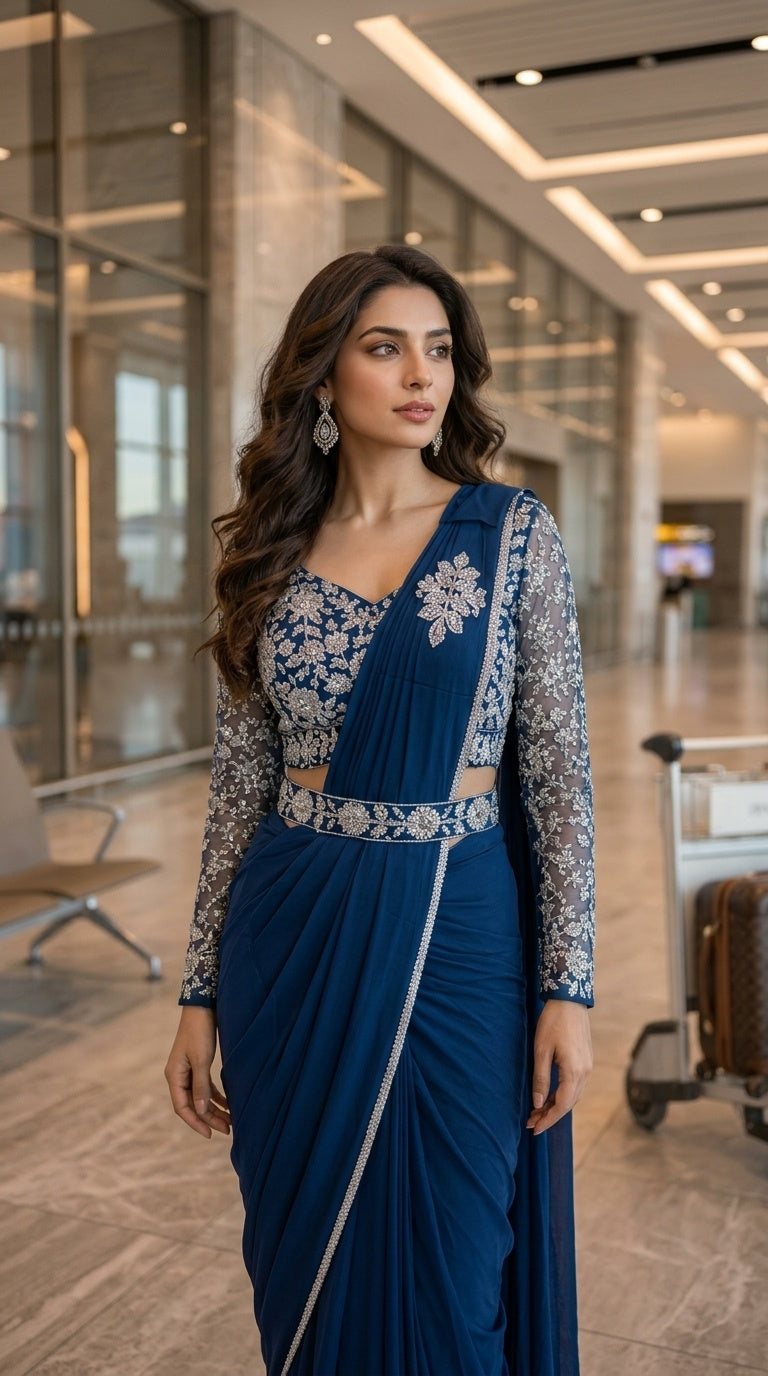 Navy Blue with Silver Embroidery