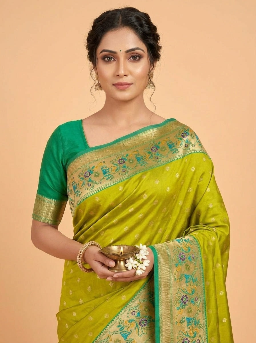 OWLSKY, SASSY & STYLO Women's Paithani Art Silk Saree with Zari Meenakari Weaving | Peacock Motif Pallu Tassels Attched | Traditional Festive Designer Saree with Brocade Blouse Piece