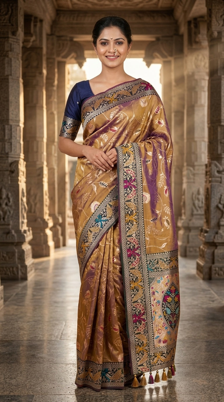 PREMIUM Soft Paithani Silk Saree for Women with Meenakari Zari Weaving, Rich Peacock Pallu, Floral Border & Tassels with Brocade Blouse