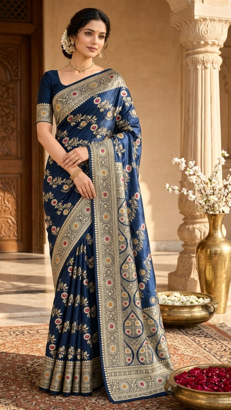 Navy Blue with Antique Gold Zari