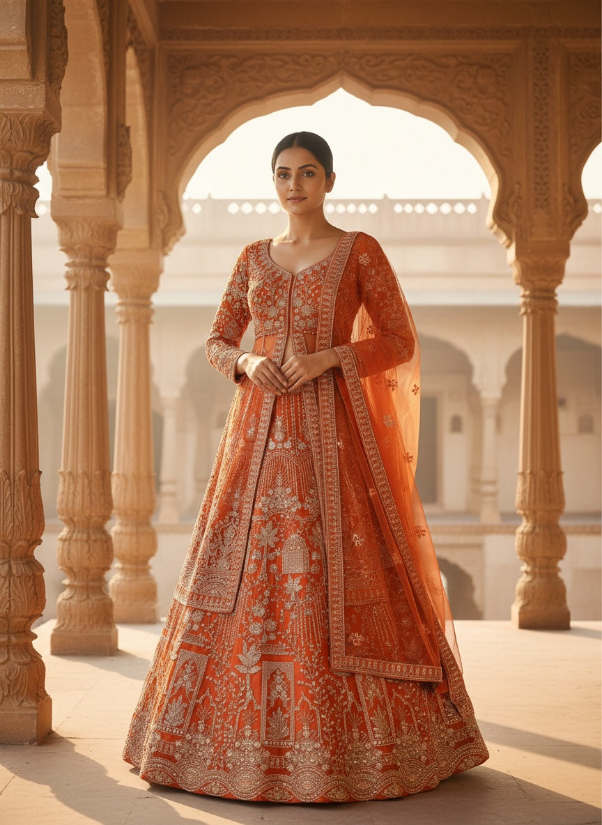 Women’s Orange Embroidered Bridal Lehenga Choli with Dupatta | Designer Wedding & Reception Wear Ethnic Lehenga Set
