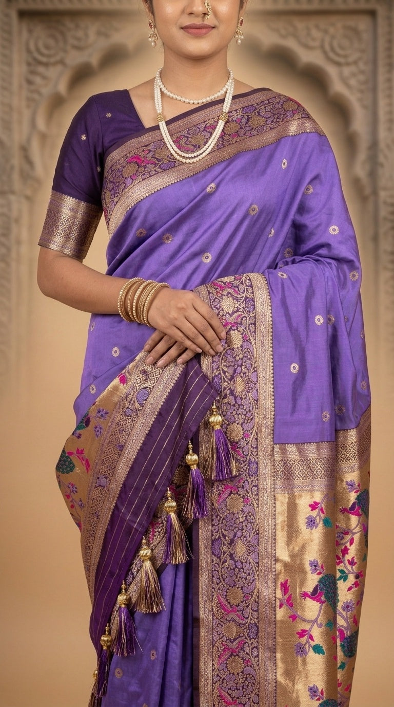Premium Soft Paithani Silk Saree for Women with Meenakari Zari Weaving, Rich Peacock Pallu, Floral Border & Silk Brocade Blouse