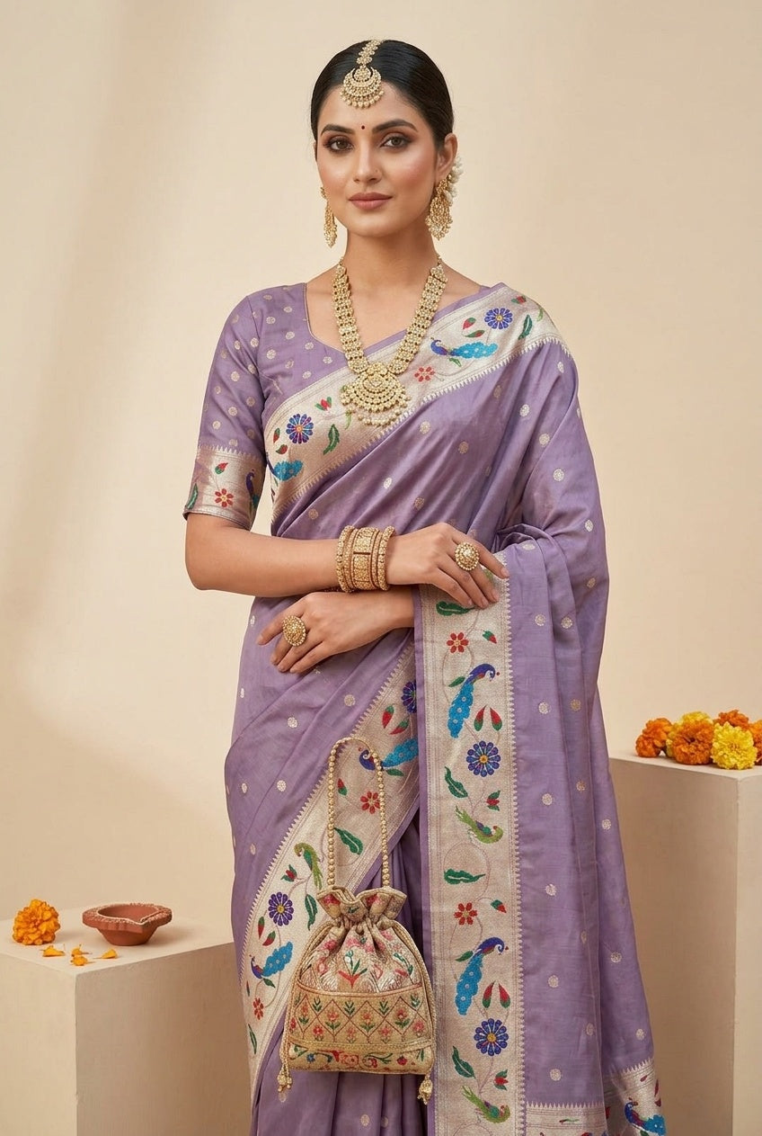 OWLSKY, SASSY & STYLO Women's Paithani Silk Saree with Zari Motif Design| Meenakari Rich Pallu with Tessels Attched | Peacock Floral Border | Traditional Festive Saree with Silk Blouse Piece