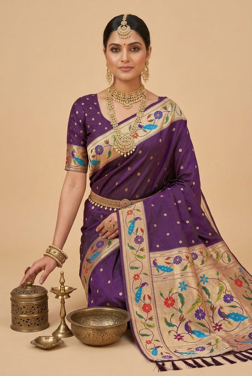 OWLSKY, SASSY & STYLO Women's Paithani Silk Saree with Zari Motif Design| Meenakari Rich Pallu with Tessels Attched | Peacock Floral Border | Traditional Festive Saree with Silk Blouse Piece