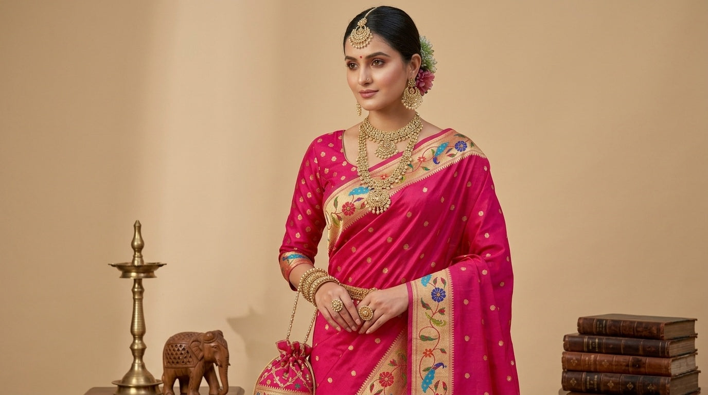OWLSKY, SASSY & STYLO Women's Paithani Silk Saree with Zari Motif Design| Meenakari Rich Pallu with Tessels Attched | Peacock Floral Border | Traditional Festive Saree with Silk Blouse Piece