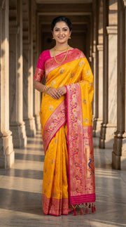 Premium Soft Paithani Silk Saree for Women with Meenakari Zari Weaving, Peacock Pallu, Rich Floral Border & Brocade Blouse