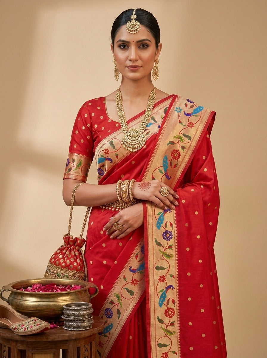 OWLSKY, SASSY & STYLO Women's Paithani Silk Saree with Zari Motif Design| Meenakari Rich Pallu with Tessels Attched | Peacock Floral Border | Traditional Festive Saree with Silk Blouse Piece