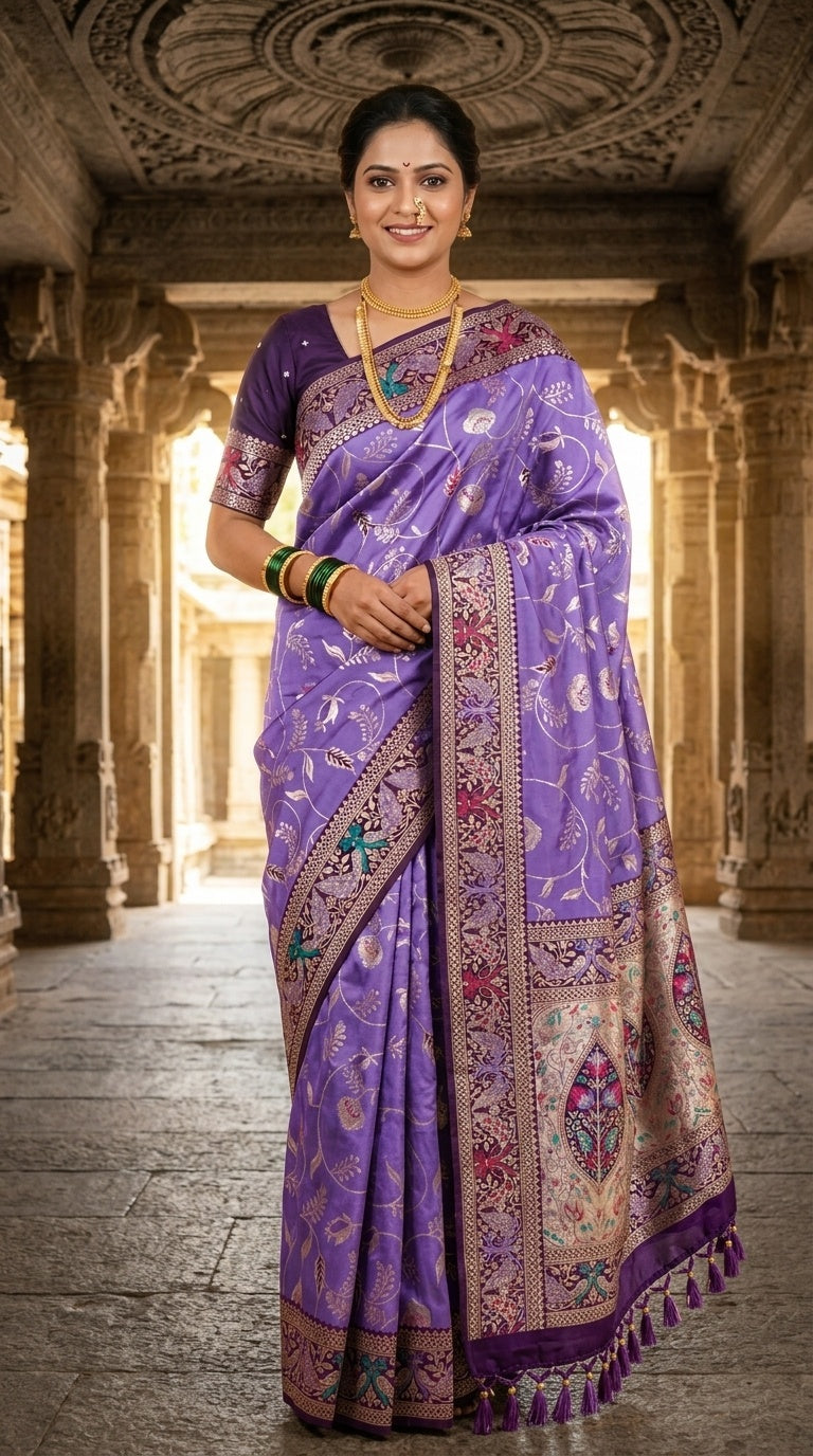 PREMIUM Soft Paithani Silk Saree for Women with Meenakari Zari Weaving, Rich Peacock Pallu, Floral Border & Tassels with Brocade Blouse